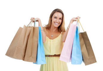 Woman, happy shopping and portrait smile in retail mall sales of customer, model or shopping bags...