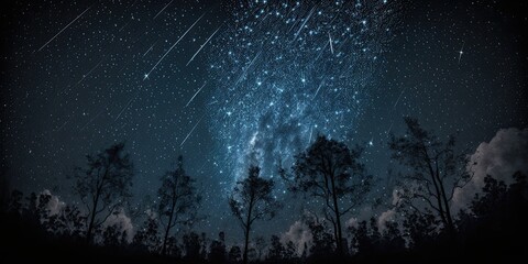 Abstract time lapse night sky with shooting stars over forest landscape. Milky way glowing lights background.	