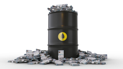 Stacks of Saudi riyal notes inside black Oil Barrel isolated on white background. 3d rendering