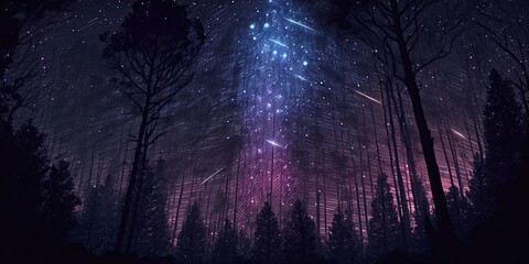 Obraz premium Abstract time lapse night sky with shooting stars over forest landscape. Milky way glowing lights background. 