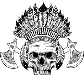 Vector monochrome illustration of stylized skull wearing native American war bonnet.