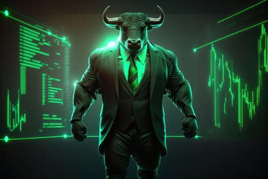 Bull bullish divergence in Stock market and Crypto currency with green graph background. Created Generative Ai