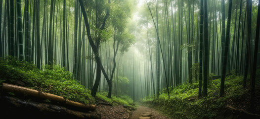 Pathway through a large bamboo garden, web banner of a bamboo forest, generative ai