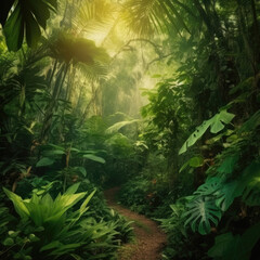 Tropical lush green  jungle forest with a curvy walking path hidden inside it at a late golden hour of sunshine
