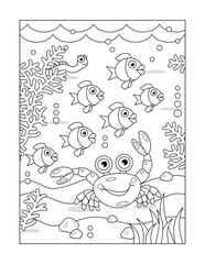 Coloring page with fish flock, crab and underwater scene of sea life
