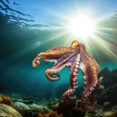 an octopus is submerging under the sea, in the style of sunrays shine upon it, photorealistic accuracy, serene seascapes, meticulously detailed