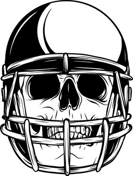 monochrome Skull in the football helmet. Vector vintage illustration