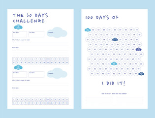 100, 30 Day challenge and goal Planner. Plan your day make dream happen.	