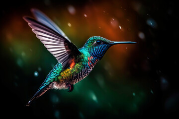 Close - up of a hummingbird hovering in mid - air, its wings frozen in motion and showcasing the stunning iridescent colors of its feathers. © Melipo-Art