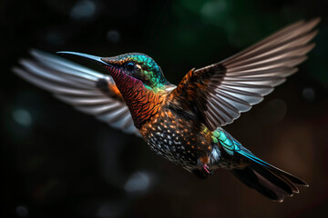 Obraz premium Close - up of a hummingbird hovering in mid - air, its wings frozen in motion and showcasing the stunning iridescent colors of its feathers.