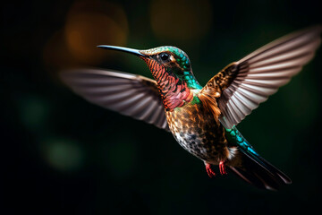 Close - up of a hummingbird hovering in mid - air, its wings frozen in motion and showcasing the stunning iridescent colors of its feathers.