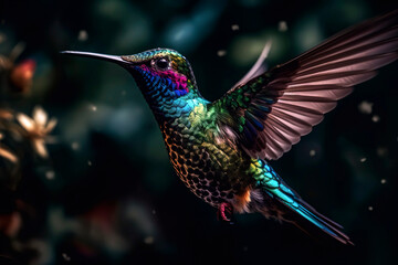 Fototapeta premium Close - up of a hummingbird hovering in mid - air, its wings frozen in motion and showcasing the stunning iridescent colors of its feathers.