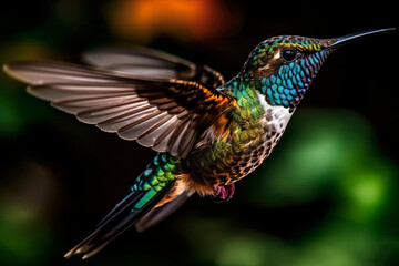 Close - up of a hummingbird hovering in mid - air, its wings frozen in motion and showcasing the stunning iridescent colors of its feathers. © Melipo-Art