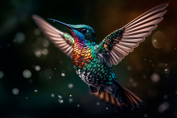 Close - up of a hummingbird hovering in mid - air, its wings frozen in motion and showcasing the stunning iridescent colors of its feathers. © Melipo-Art