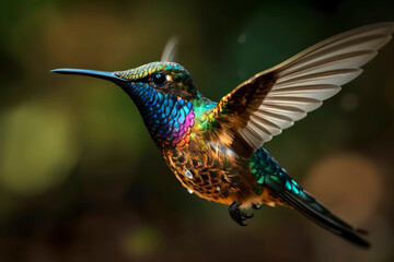 Close - up of a hummingbird hovering in mid - air, its wings frozen in motion and showcasing the stunning iridescent colors of its feathers. © Melipo-Art
