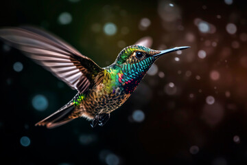 Fototapeta premium Close - up of a hummingbird hovering in mid - air, its wings frozen in motion and showcasing the stunning iridescent colors of its feathers.