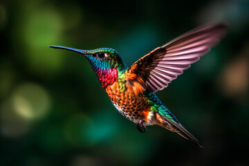 Fototapeta na wymiar Close - up of a hummingbird hovering in mid - air, its wings frozen in motion and showcasing the stunning iridescent colors of its feathers.