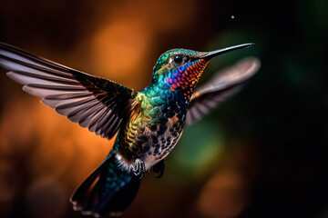 Fototapeta premium Close - up of a hummingbird hovering in mid - air, its wings frozen in motion and showcasing the stunning iridescent colors of its feathers.