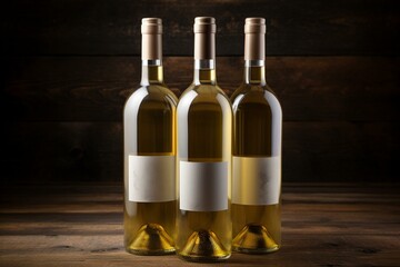 Three white wine bottles 750ml mock up with blank label on wooden background. Generative AI