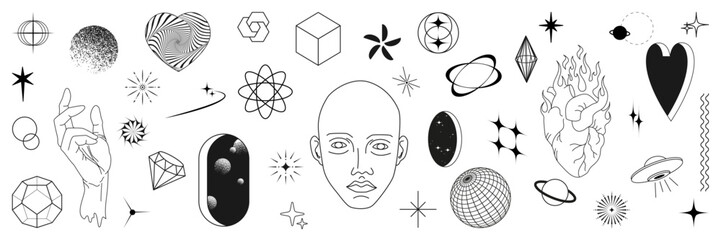 Set of abstract y2k hearts, stars, head, hand and other elements, trendy geometric shapes inspired brutalism. Flat vector illustration with 3d wireframe models. Concept psychedelic techno style