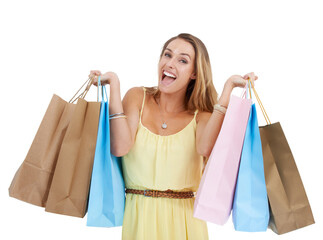 Shopping bag, excited and portrait of woman on png background for discount, sale and luxury....