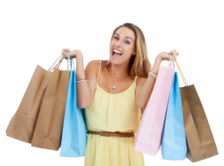 Shopping bag, excited and portrait of woman on png background for discount, sale and luxury. Bargain, rich and fashion with female isolated on transparent for offer, present and boutique purchase