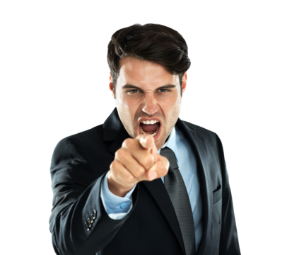 Portrait, shouting and pointing with a business man isolated on a transparent background in anger or conflict. Screaming, blame and discipline with an angry male employee yelling at work on PNG