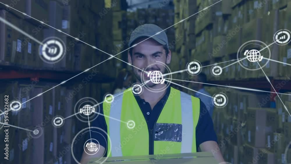 Poster animation of network of connections with icons over caucasian man working in warehouse