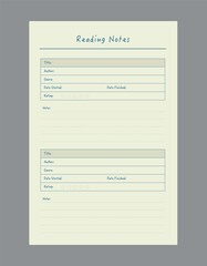 Reading note planner. 