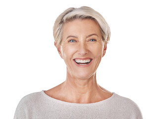 Happy, positive and portrait face of a senior woman isolated on a transparent png background....