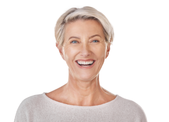 Happy, positive and portrait face of a senior woman isolated on a transparent png background. Smile, confident and a headshot of an elderly lady in retirement with happiness and looking beautiful