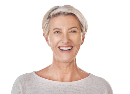 Happy, positive and portrait face of a senior woman isolated on a transparent png background. Smile, confident and a headshot of an elderly lady in retirement with happiness and looking beautiful
