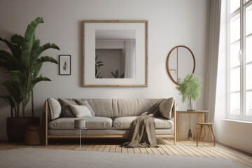 modern living room with sofa, with blank picture frame mockup on white wall, Generative AI	