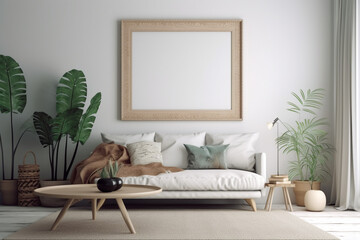 Modern Bohemian living room with blank picture frame mockup on white wall, Generative AI	
