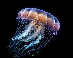 Close - up of a fascinating jellyfish, its delicate and ethereal structure illuminated against the deep blue ocean backdrop.