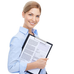 Business woman, portrait and clipboard for review, recruitment or job interview. Smile, happy and...