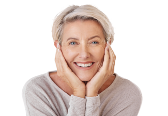Portrait, happy and senior woman isolated on a transparent, png background for beauty, skincare and natural makeup. Smile, face and elderly person or model headshot of cosmetics results or anti aging