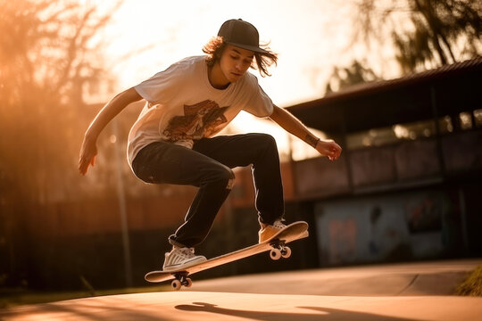Skateboarder teenage boy jumping, performing a trick. High quality generative ai