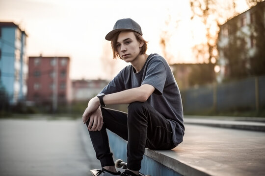Portrait of a skateboarder teenage boy, high quality generative ai