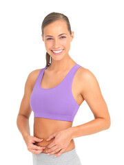 Woman, fitness portrait and pinch belly for liposuction, lose weight and body goal by transparent png background. Isolated model, stomach and abdomen for cosmetic surgery, tummy tuck and excited face
