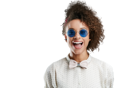 Fashion portrait, bow tie or happy woman in studio to promote cool trendy designer in summer style. Sunglasses, crazy afro or funny young Brazilian girl model laughing on transparent png background