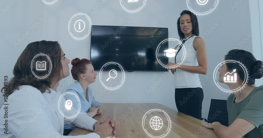 Poster animation of icons and data processing over diverse business people in office