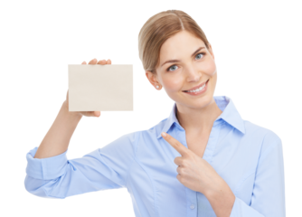 Woman, portrait and business card isolated on png, transparent background pointing to mockup space for advertising. Sign, brand mock up and happy professional model or person with product placement