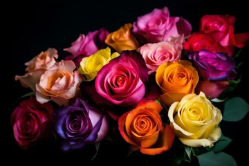 Fototapeta na wymiar bouquet of multicolored roses, flower arrangement background. Generative AI