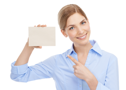 Woman, portrait and business card isolated on png, transparent background pointing to mockup space for advertising. Sign, brand mock up and happy professional model or person with product placement