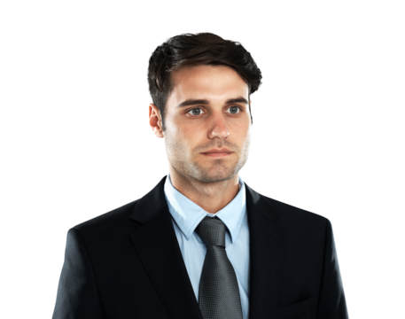 Serious, thinking and a businessman with an idea, mindset and planning. Corporate, plan and focus with a male employee looking focused and concentrating isolated on a transparent png background