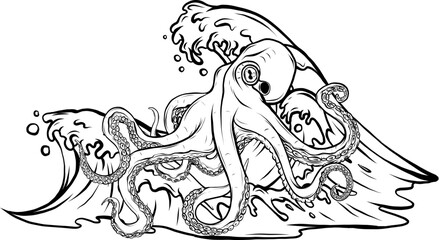 Octopus illustration, drawing, engraving, ink, line art, vector