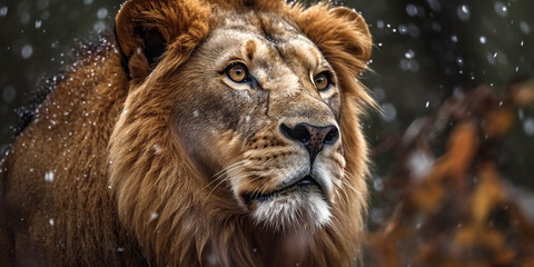 Fototapeta na wymiar Portrait of a lion during a snowfall, close-up. Generative AI