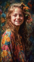 Smiling girl with colorful flowers. Concept: the embodiment of Spring. Generative AI