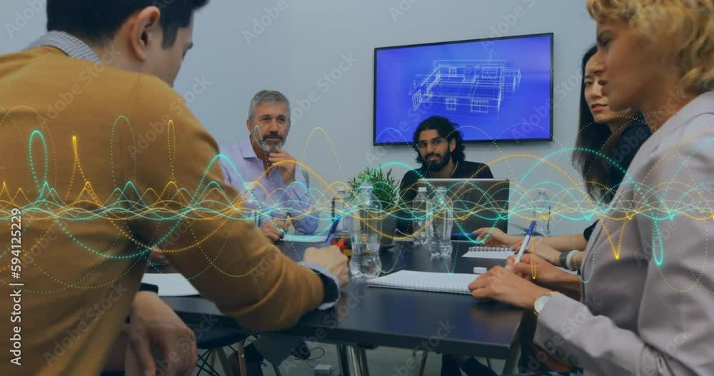Aufkleber animation of data processing against diverse colleagues discussing together at office